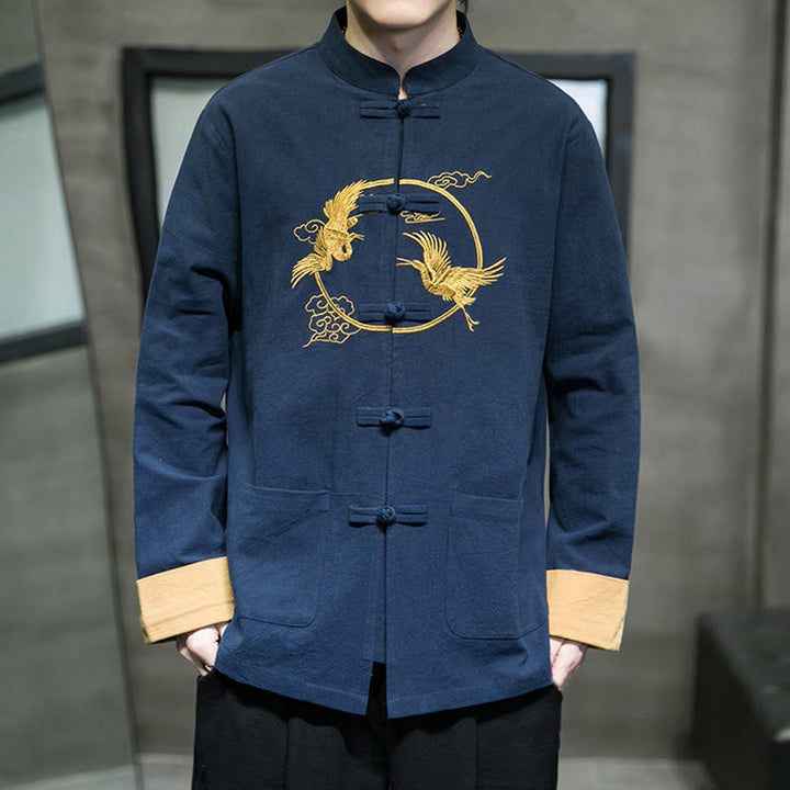 Męska bawełniana kurtka z długim rękawem i kieszeniami, haftowanymi Buddha Stones, z guzikami żaby - Ciemnoniebieski - US/UK/AU46， EU56 (5XL) - image 29