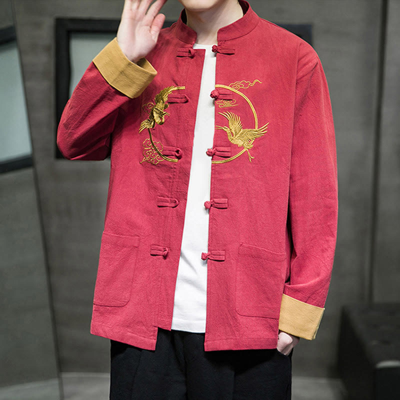 Męska bawełniana kurtka z długim rękawem i kieszeniami, haftowanymi Buddha Stones, z guzikami żaby - Karmazynowy - US/UK/AU46， EU56 (5XL) - image 0