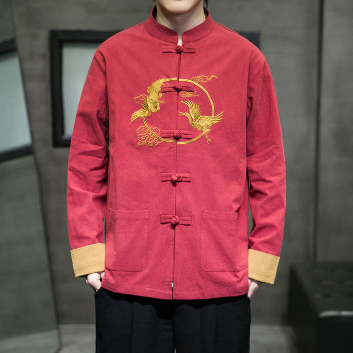 Męska bawełniana kurtka z długim rękawem i kieszeniami, haftowanymi Buddha Stones, z guzikami żaby - image 1