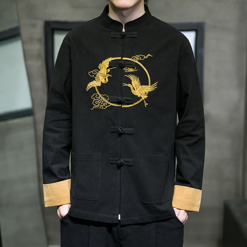 Męska bawełniana kurtka z długim rękawem i kieszeniami, haftowanymi Buddha Stones, z guzikami żaby - Czarny - US/UK/AU46， EU56 (5XL) - image 19