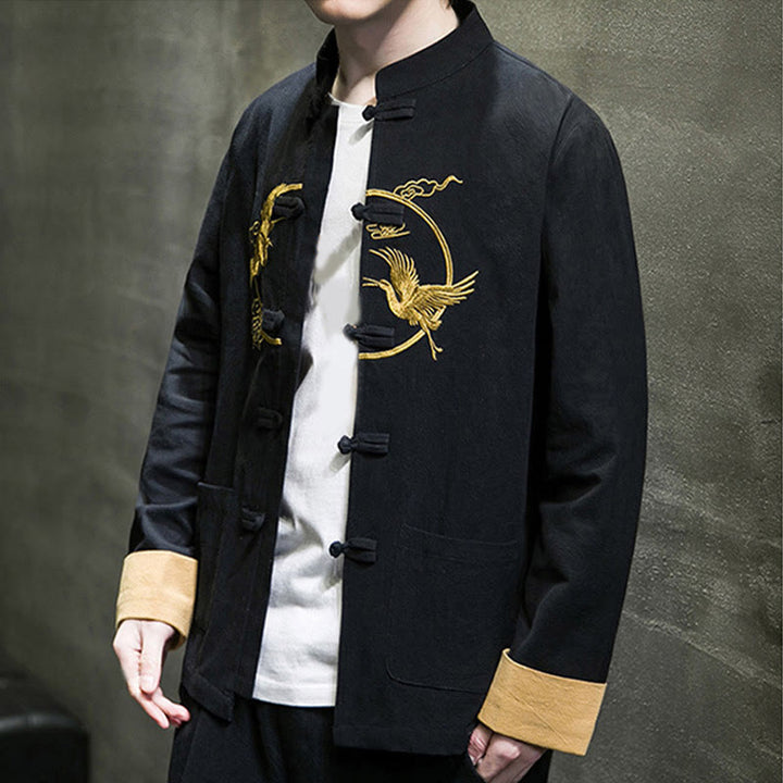 Męska bawełniana kurtka z długim rękawem i kieszeniami, haftowanymi Buddha Stones, z guzikami żaby - image 25