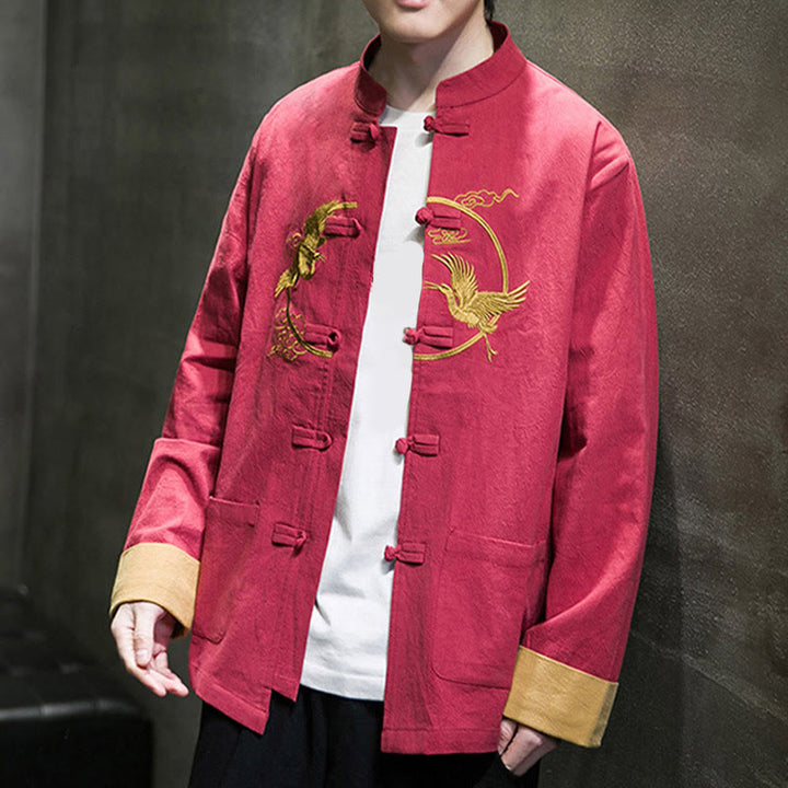 Męska bawełniana kurtka z długim rękawem i kieszeniami, haftowanymi Buddha Stones, z guzikami żaby - image 5