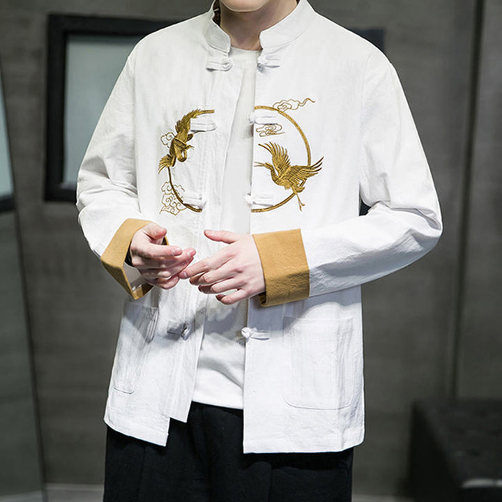 Męska bawełniana kurtka z długim rękawem i kieszeniami, haftowanymi Buddha Stones, z guzikami żaby - image 13