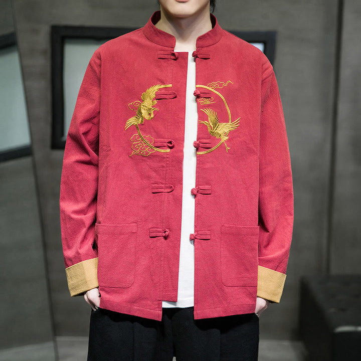 Męska bawełniana kurtka z długim rękawem i kieszeniami, haftowanymi Buddha Stones, z guzikami żaby - image 3