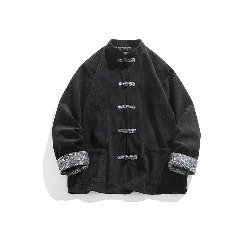 Kurtka męska z długim rękawem z bawełny sztruksowej Buddha Stones Spring Jacquard Frog-Button z kieszeniami - Czarny - US/UK/AU46， EU56 (5XL) - image 10