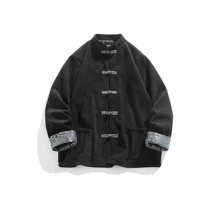 Kurtka męska z długim rękawem z bawełny sztruksowej Buddha Stones Spring Jacquard Frog-Button z kieszeniami - Czarny - US/UK/AU46， EU56 (5XL) - image 10