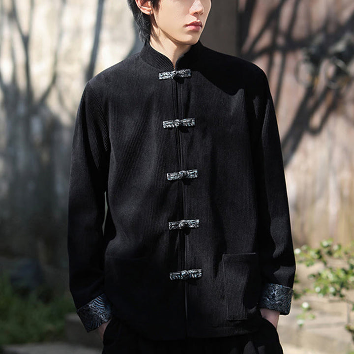 Kurtka męska z długim rękawem z bawełny sztruksowej Buddha Stones Spring Jacquard Frog-Button z kieszeniami - image 15