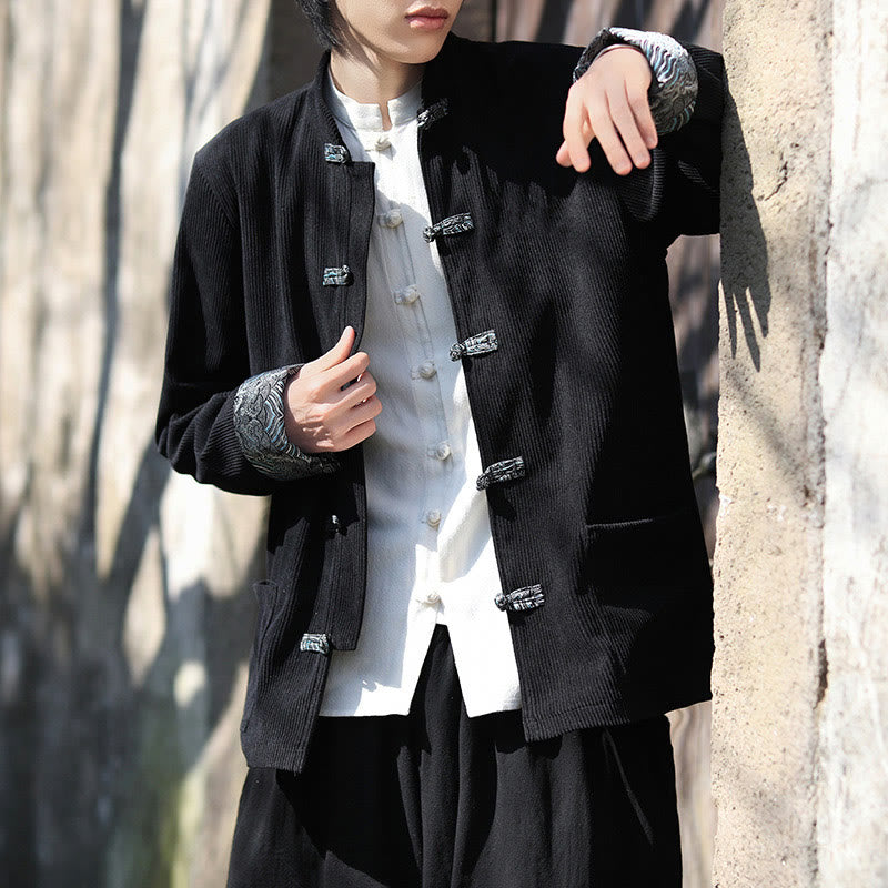 Kurtka męska z długim rękawem z bawełny sztruksowej Buddha Stones Spring Jacquard Frog-Button z kieszeniami - image 17