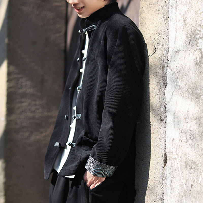 Kurtka męska z długim rękawem z bawełny sztruksowej Buddha Stones Spring Jacquard Frog-Button z kieszeniami - image 18