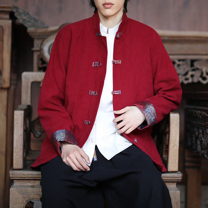 Kurtka męska z długim rękawem z bawełny sztruksowej Buddha Stones Spring Jacquard Frog-Button z kieszeniami - image 8