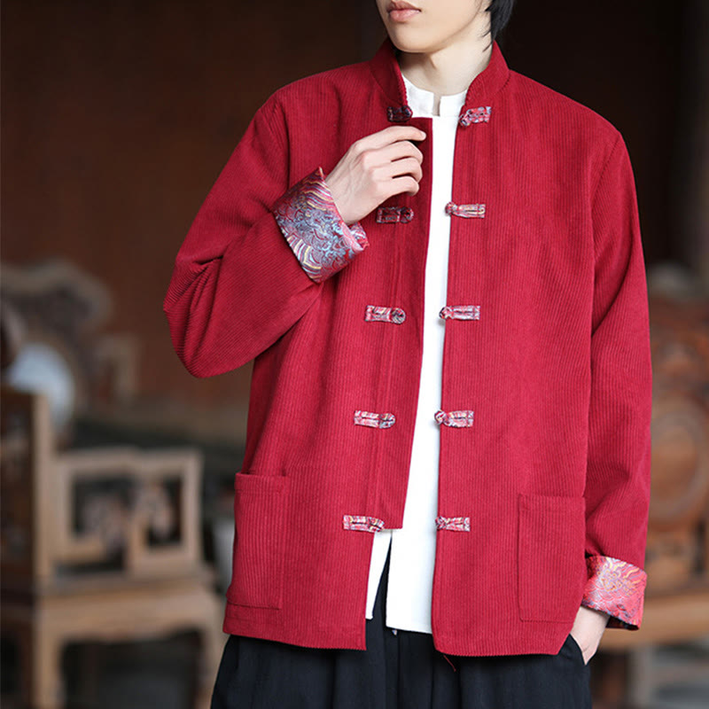 Kurtka męska z długim rękawem z bawełny sztruksowej Buddha Stones Spring Jacquard Frog-Button z kieszeniami - image 5