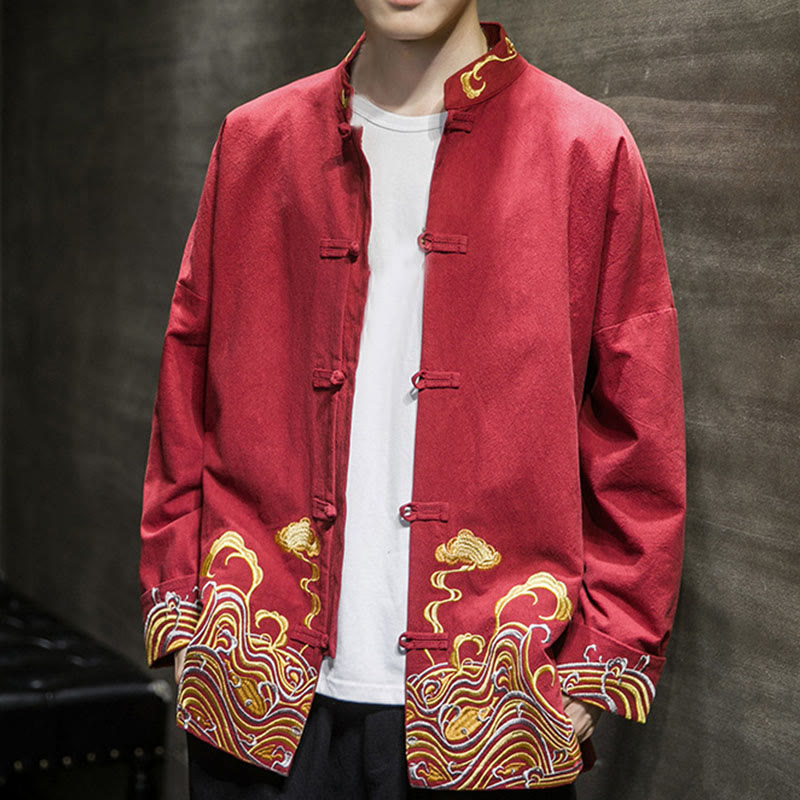 Męska bawełniana kurtka garniturowa z długim rękawem i haftowanymi Buddha Stones , guzikami i żabą - image 6