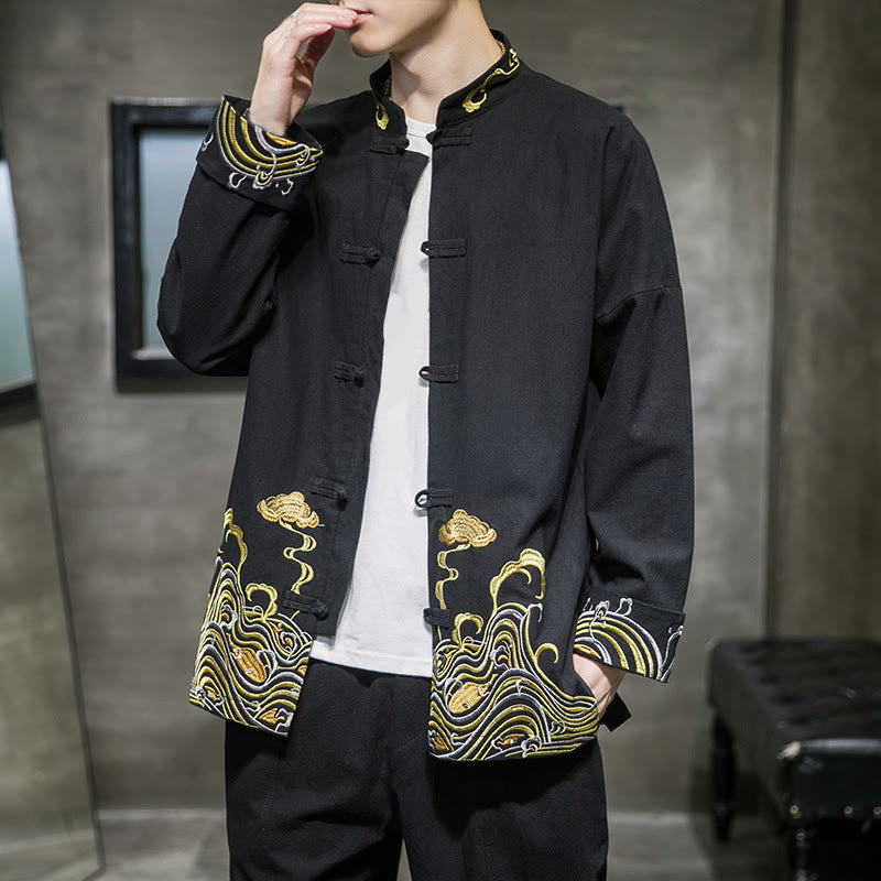 Męska bawełniana kurtka garniturowa z długim rękawem i haftowanymi Buddha Stones i guzikami - image 10