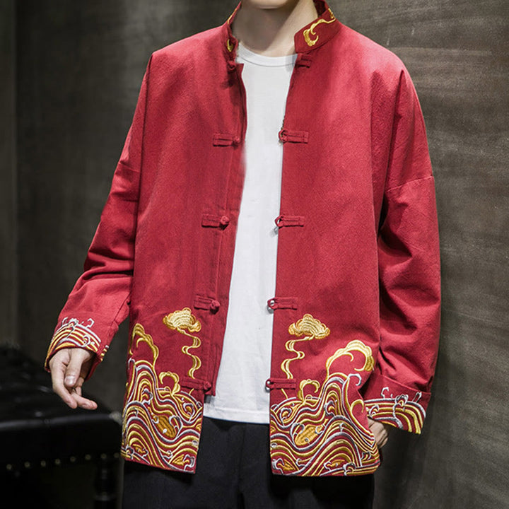 Męska bawełniana kurtka garniturowa z długim rękawem i haftowanymi Buddha Stones , guzikami i żabą - image 7