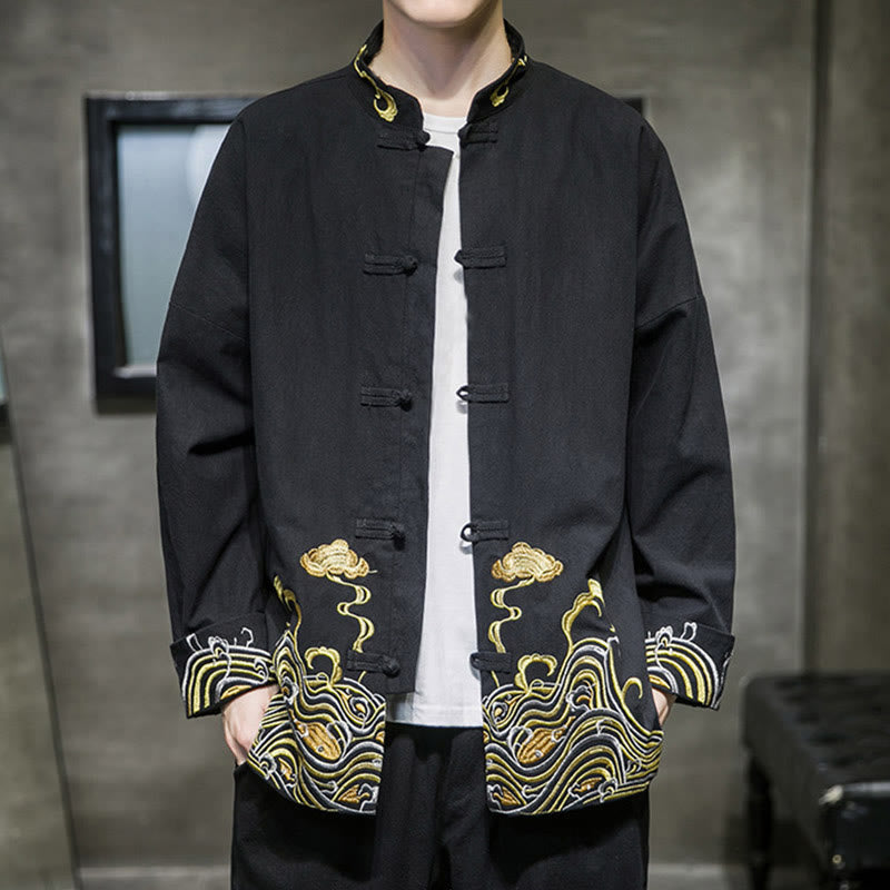 Męska bawełniana kurtka garniturowa z długim rękawem i haftowanymi Buddha Stones i guzikami - image 11