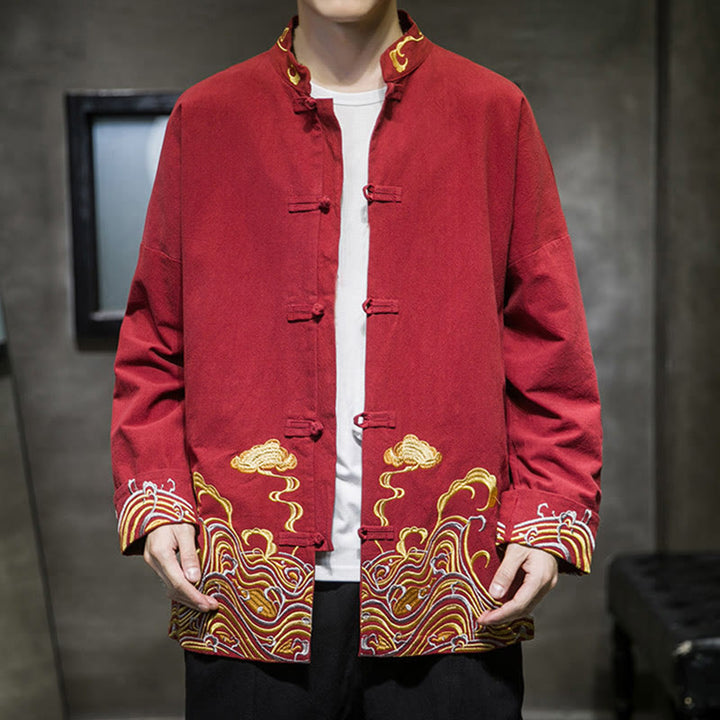 Męska bawełniana kurtka garniturowa z długim rękawem i haftowanymi Buddha Stones , guzikami i żabą - image 3