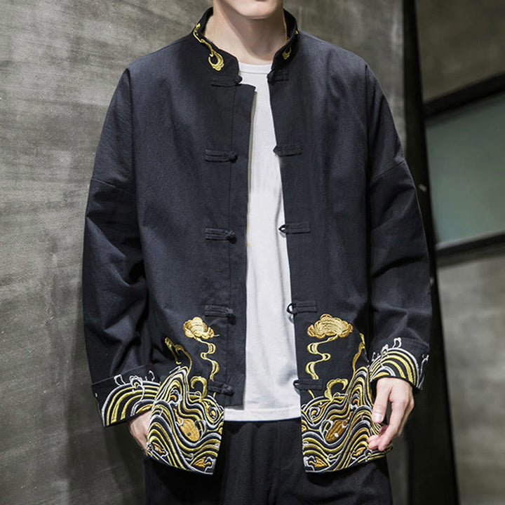 Męska bawełniana kurtka garniturowa z długim rękawem i haftowanymi Buddha Stones , guzikami i żabą - image 15