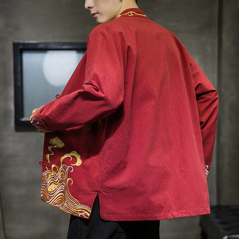 Męska bawełniana kurtka garniturowa z długim rękawem i haftowanymi Buddha Stones , guzikami i żabą - image 2