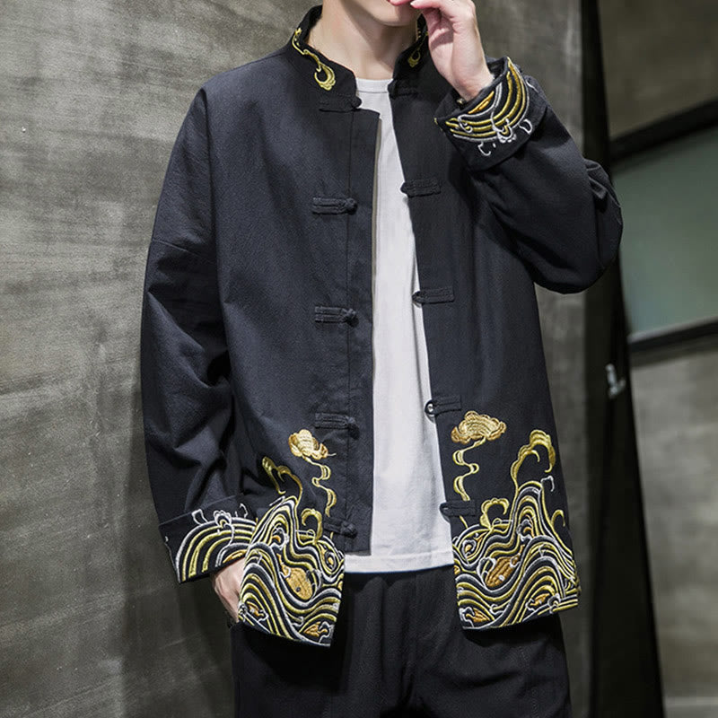 Męska bawełniana kurtka garniturowa z długim rękawem i haftowanymi Buddha Stones , guzikami i żabą - image 17