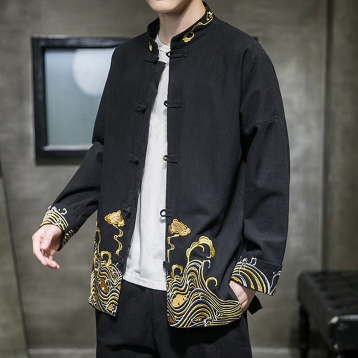 Męska bawełniana kurtka garniturowa z długim rękawem i haftowanymi Buddha Stones i guzikami - image 12