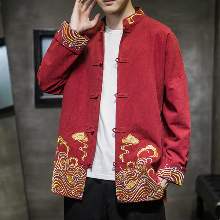 Męska bawełniana kurtka garniturowa z długim rękawem i haftowanymi Buddha Stones i guzikami - image 5