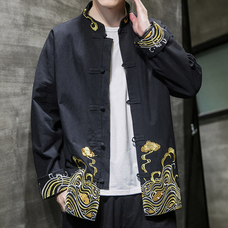 Męska bawełniana kurtka garniturowa z długim rękawem i haftowanymi Buddha Stones , guzikami i żabą - image 16