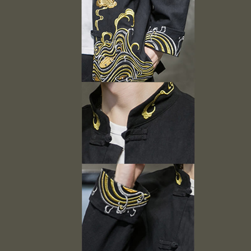 Męska bawełniana kurtka garniturowa z długim rękawem i haftowanymi Buddha Stones , guzikami i żabą - image 18