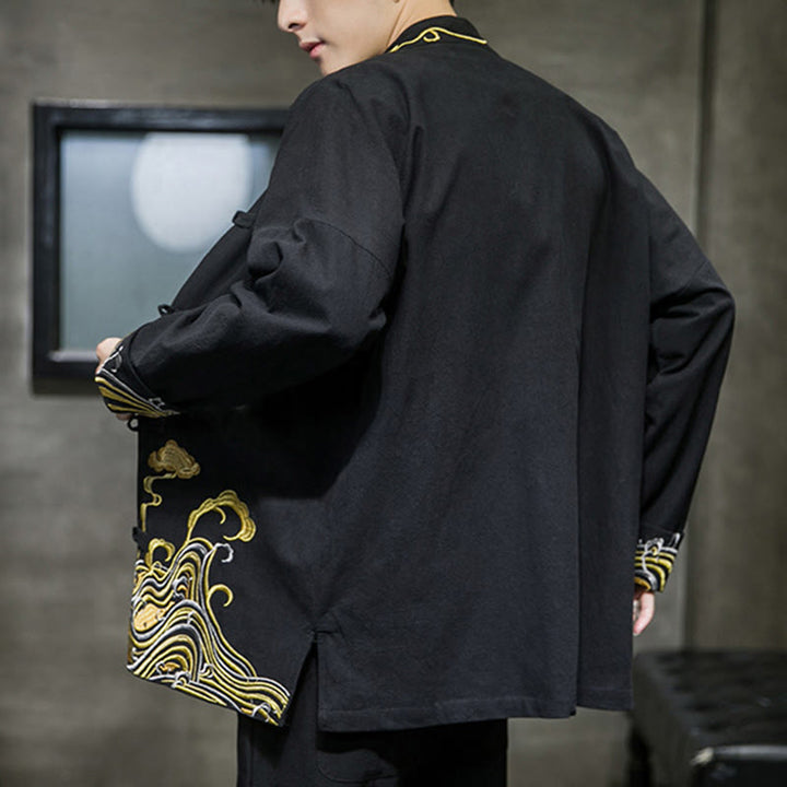 Męska bawełniana kurtka garniturowa z długim rękawem i haftowanymi Buddha Stones , guzikami i żabą - image 13