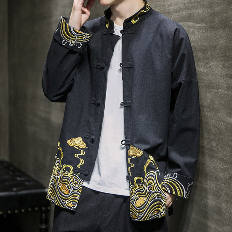 Męska bawełniana kurtka garniturowa z długim rękawem i haftowanymi Buddha Stones , guzikami i żabą - image 14