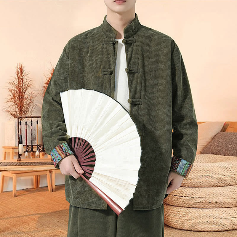 Marynarka męska z długim rękawem z bawełny sztruksowej z motywem kwiatów śliwy i Buddha Stones - image 3