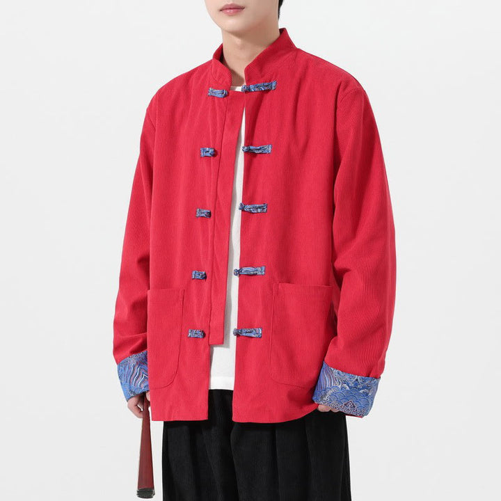 Męska kurtka typu Tang z długim rękawem z bawełnianego sztruksu z motywem Buddha Stones i kieszeniami - image 3