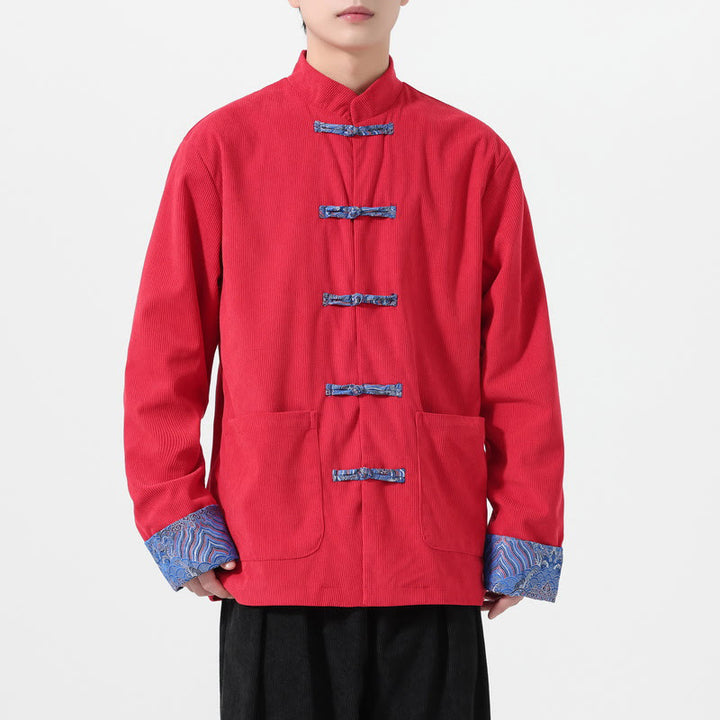 Męska kurtka typu Tang z długim rękawem z bawełnianego sztruksu z motywem Buddha Stones i kieszeniami - image 1