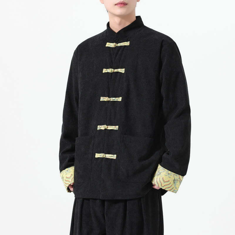 Męska kurtka typu Tang z długim rękawem z bawełnianego sztruksu z motywem Buddha Stones i kieszeniami - image 7