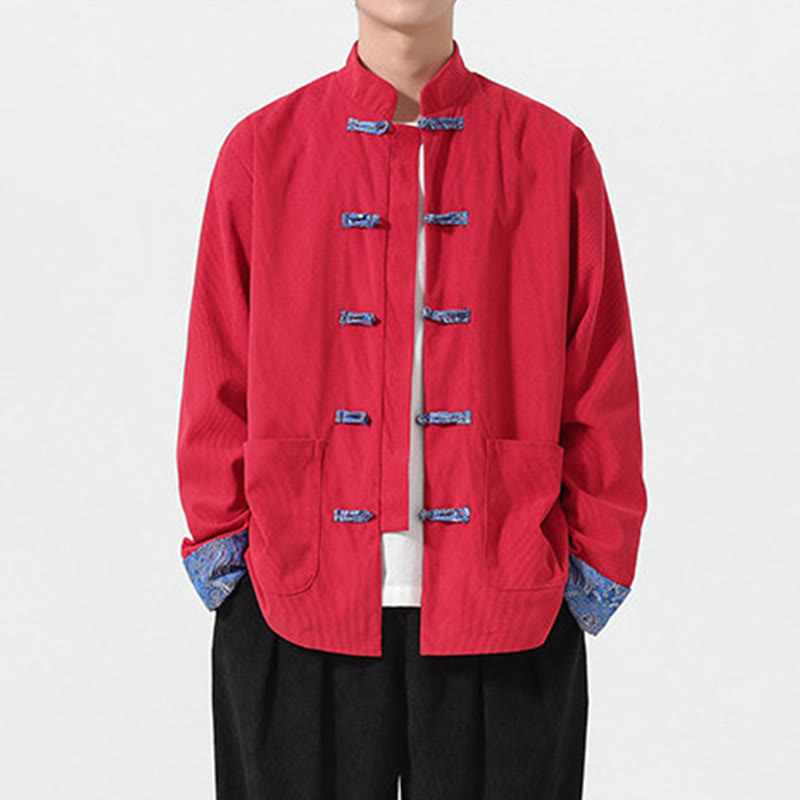 Męska kurtka typu Tang z długim rękawem z bawełnianego sztruksu z motywem Buddha Stones i kieszeniami - image 2