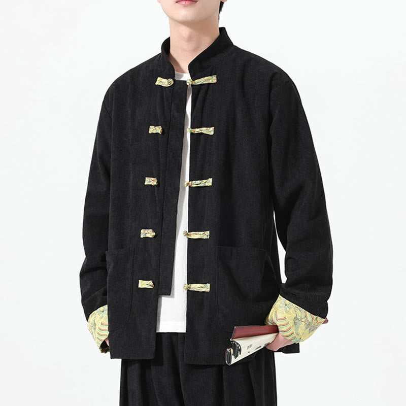 Męska kurtka typu Tang z długim rękawem z bawełnianego sztruksu z motywem Buddha Stones i kieszeniami - image 10