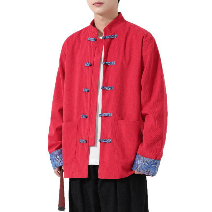 Męska kurtka typu Tang z długim rękawem z bawełnianego sztruksu z motywem Buddha Stones i kieszeniami - image 5