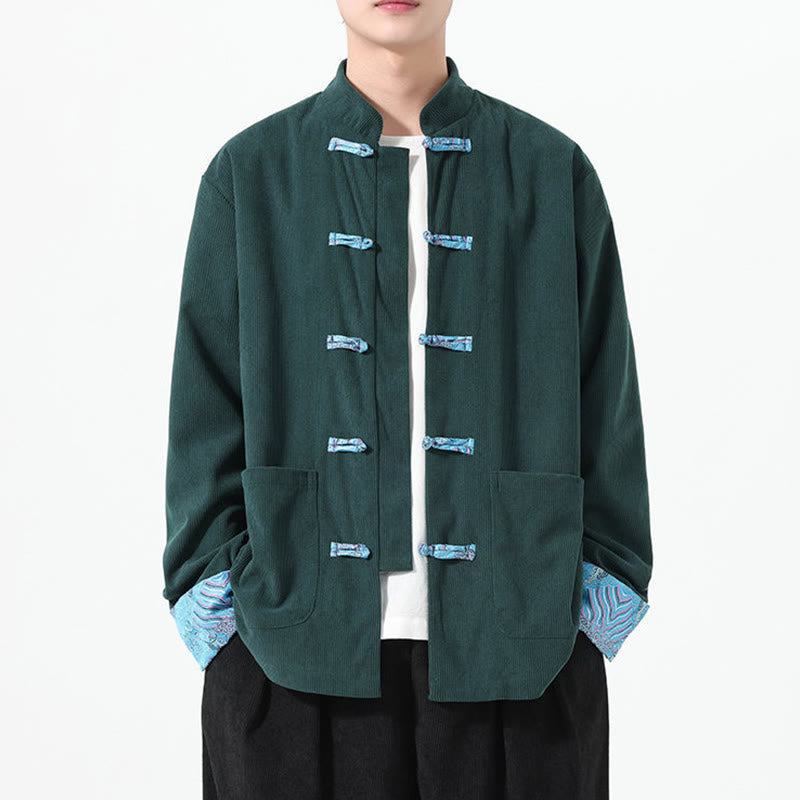 Męska kurtka typu Tang z długim rękawem z bawełnianego sztruksu z motywem Buddha Stones i kieszeniami - image 17