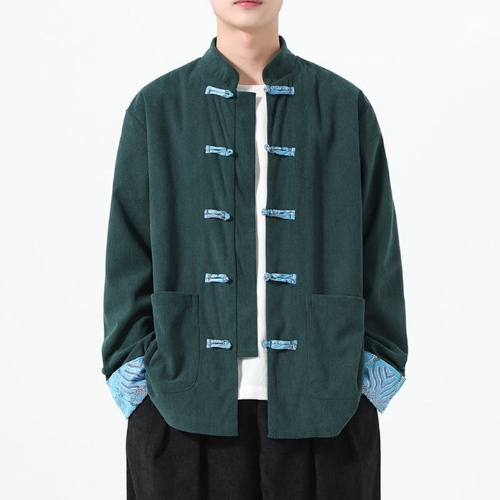 Męska kurtka typu Tang z długim rękawem z bawełnianego sztruksu z motywem Buddha Stones i kieszeniami - image 17