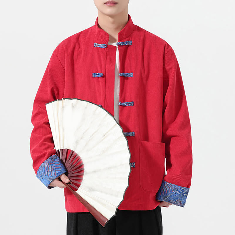 Męska kurtka typu Tang z długim rękawem z bawełnianego sztruksu z motywem Buddha Stones i kieszeniami - image 4