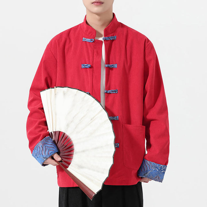 Męska kurtka typu Tang z długim rękawem z bawełnianego sztruksu z motywem Buddha Stones i kieszeniami - image 4