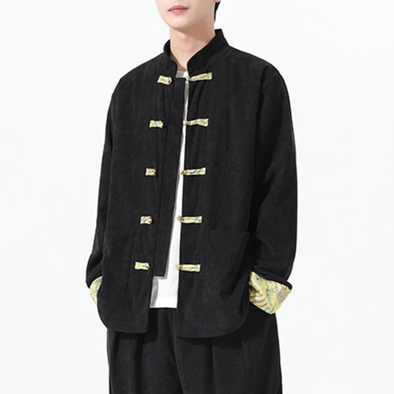 Męska kurtka typu Tang z długim rękawem z bawełnianego sztruksu z motywem Buddha Stones i kieszeniami - image 8