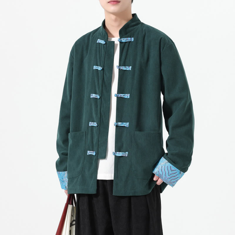 Męska kurtka typu Tang z długim rękawem z bawełnianego sztruksu z motywem Buddha Stones i kieszeniami - image 16