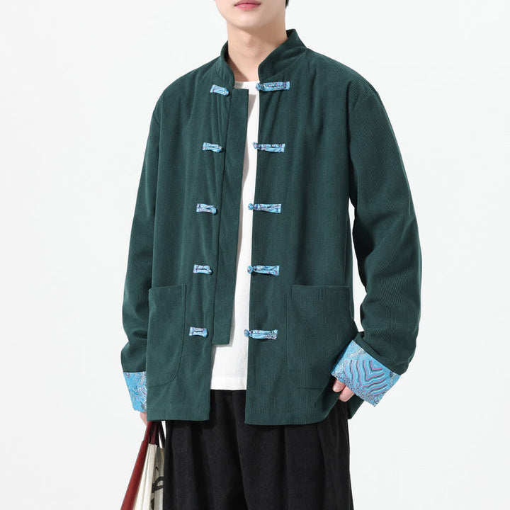 Męska kurtka typu Tang z długim rękawem z bawełnianego sztruksu z motywem Buddha Stones i kieszeniami - image 16