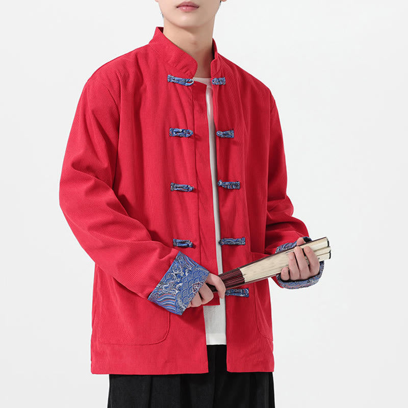 Męska kurtka typu Tang z długim rękawem z bawełnianego sztruksu z motywem Buddha Stones i kieszeniami - Czerwony - US/UK/AU46， EU56 (5XL) - image 0