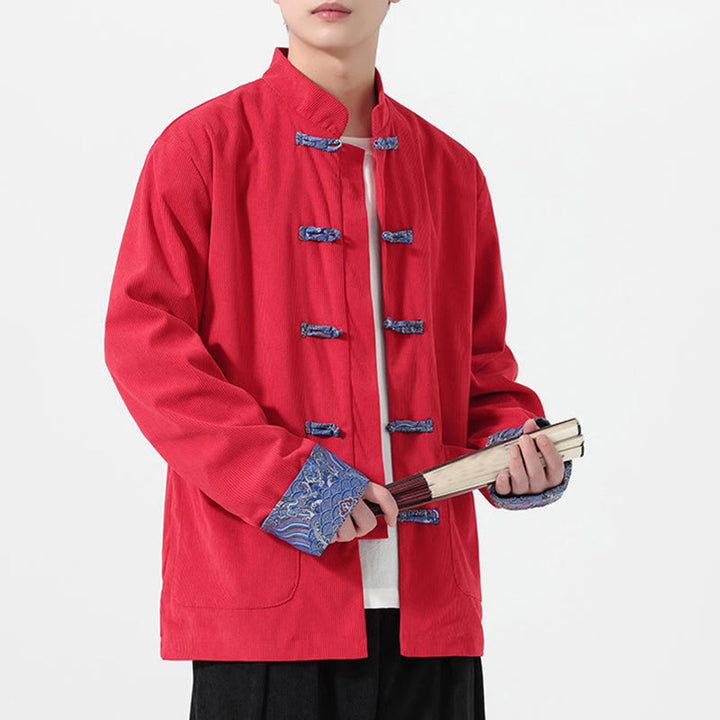 Męska kurtka typu Tang z długim rękawem z bawełnianego sztruksu z motywem Buddha Stones i kieszeniami - Czerwony - US/UK/AU46， EU56 (5XL) - image 0