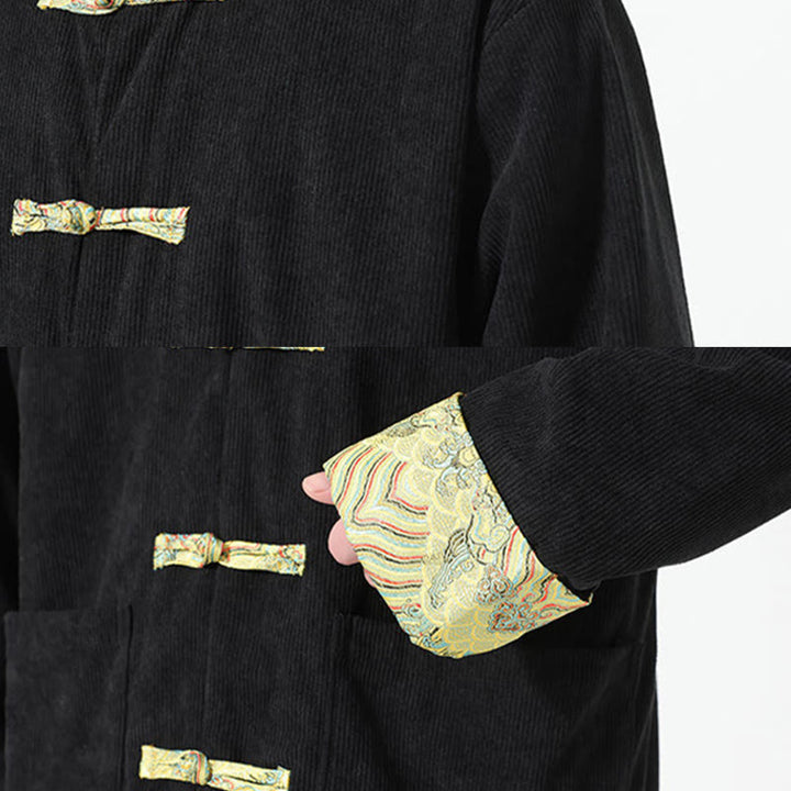 Męska kurtka typu Tang z długim rękawem z bawełnianego sztruksu z motywem Buddha Stones i kieszeniami - image 12