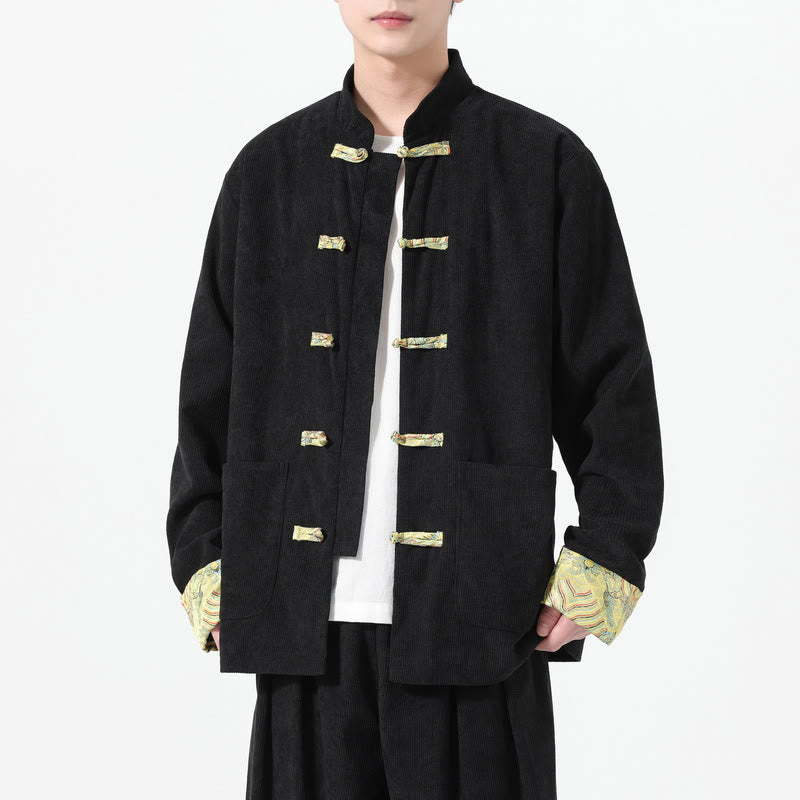 Męska kurtka typu Tang z długim rękawem z bawełnianego sztruksu z motywem Buddha Stones i kieszeniami - Czarny - US/UK/AU46， EU56 (5XL) - image 6