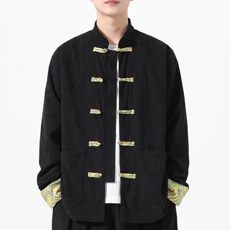 Męska kurtka typu Tang z długim rękawem z bawełnianego sztruksu z motywem Buddha Stones i kieszeniami - image 9