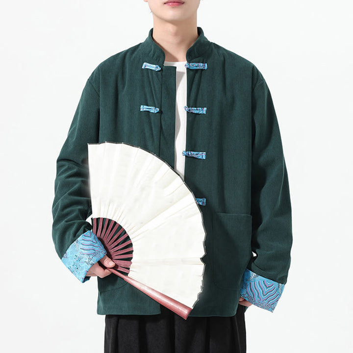 Męska kurtka typu Tang z długim rękawem z bawełnianego sztruksu z motywem Buddha Stones i kieszeniami - image 18