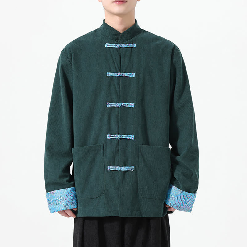 Męska kurtka typu Tang z długim rękawem z bawełnianego sztruksu z motywem Buddha Stones i kieszeniami - image 14